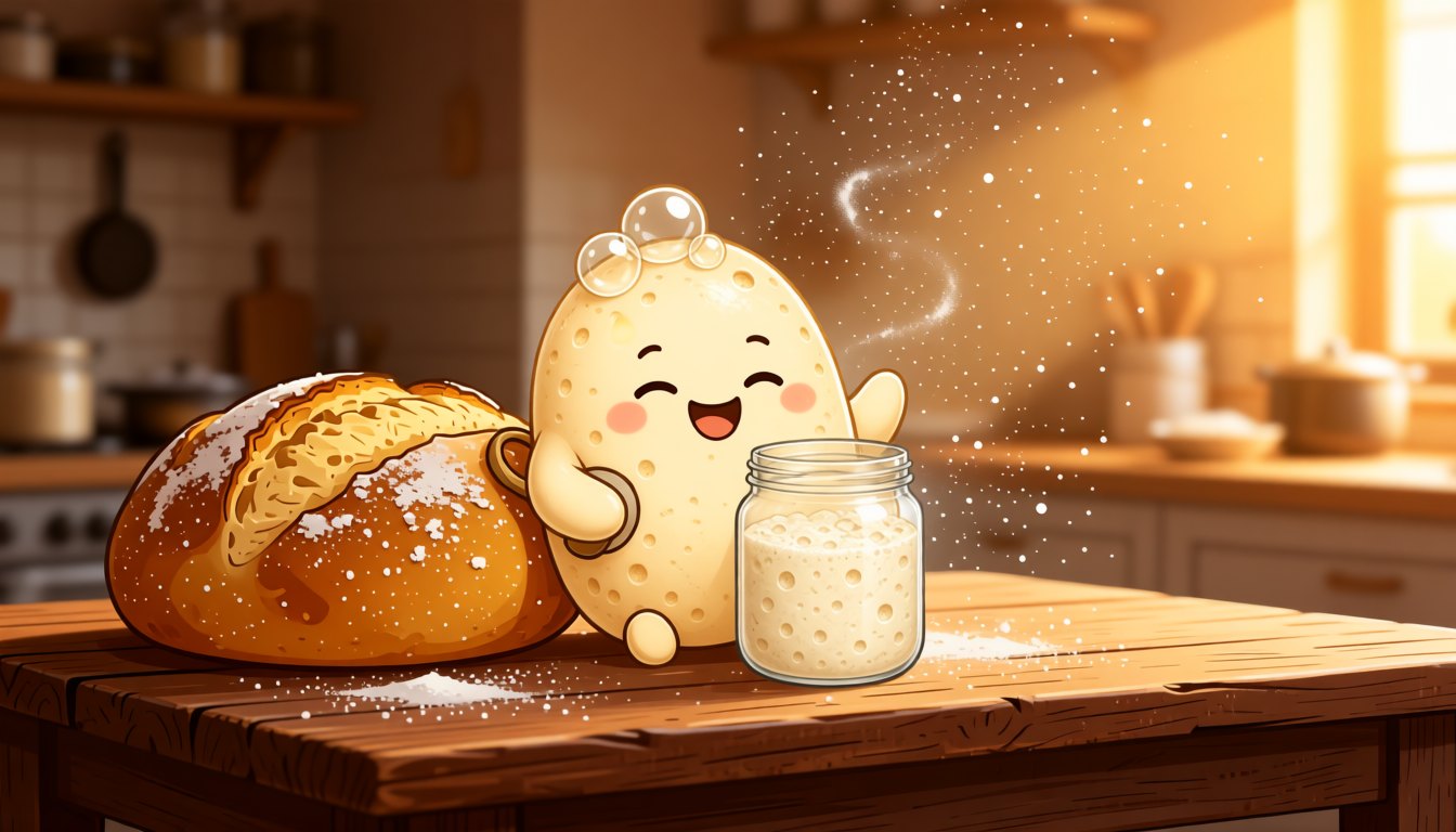 Boulie the sourdough starter mascot celebrating a fresh loaf of bread